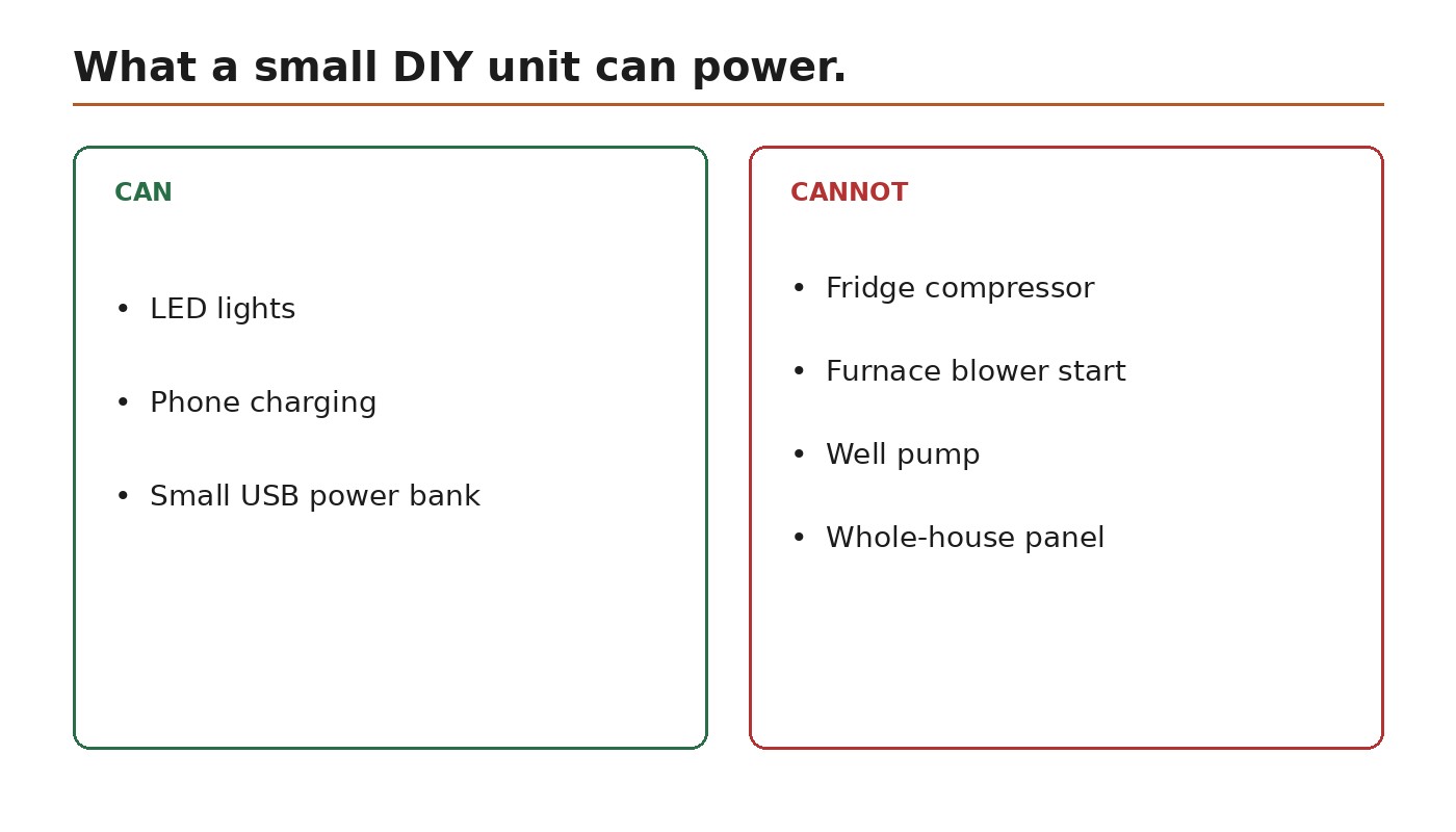 What a small DIY generator can power: LED lights and phone charging versus fridge, furnace, and well pump