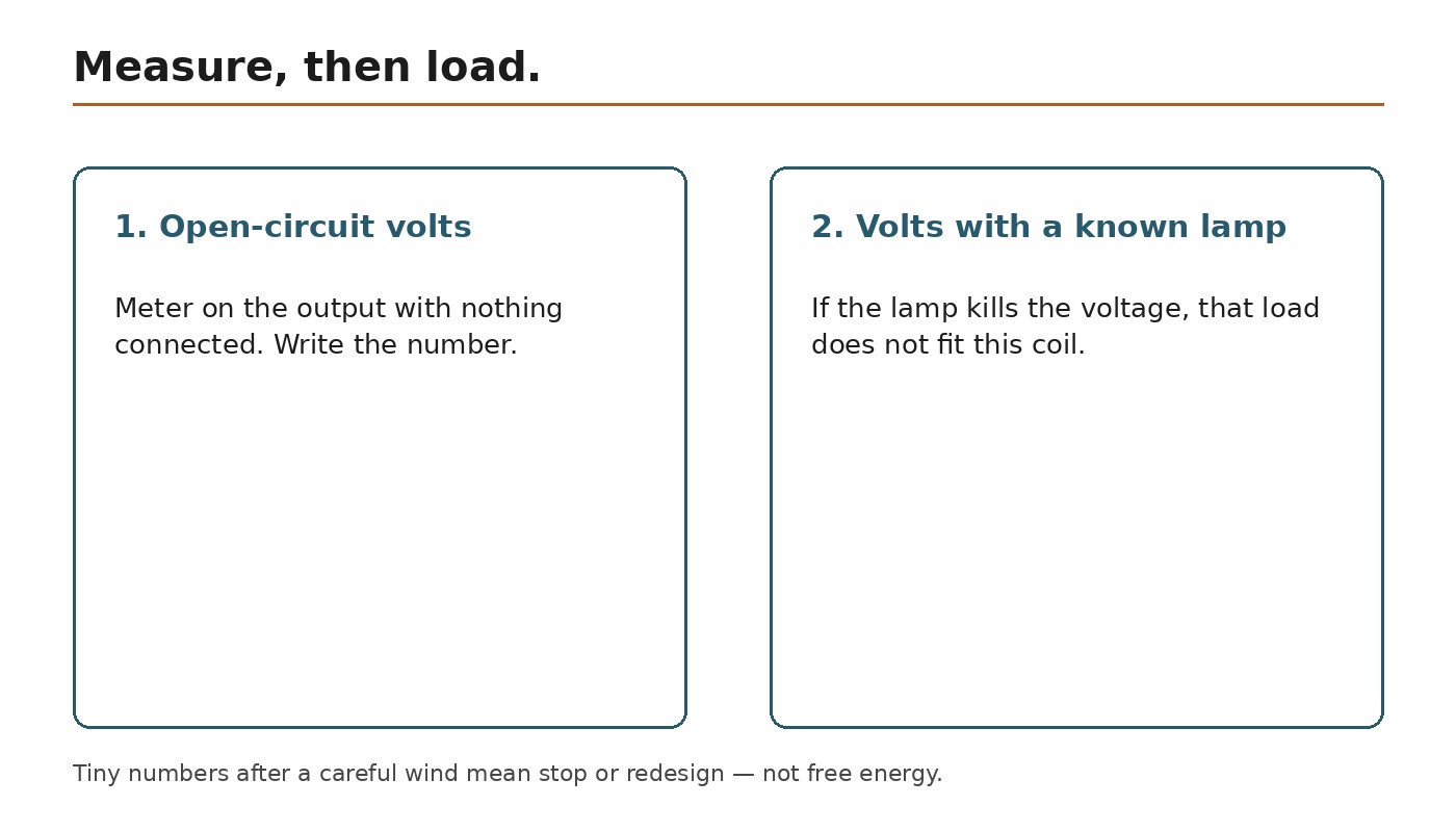 Two-step test: measure open-circuit volts, then volts with a known lamp