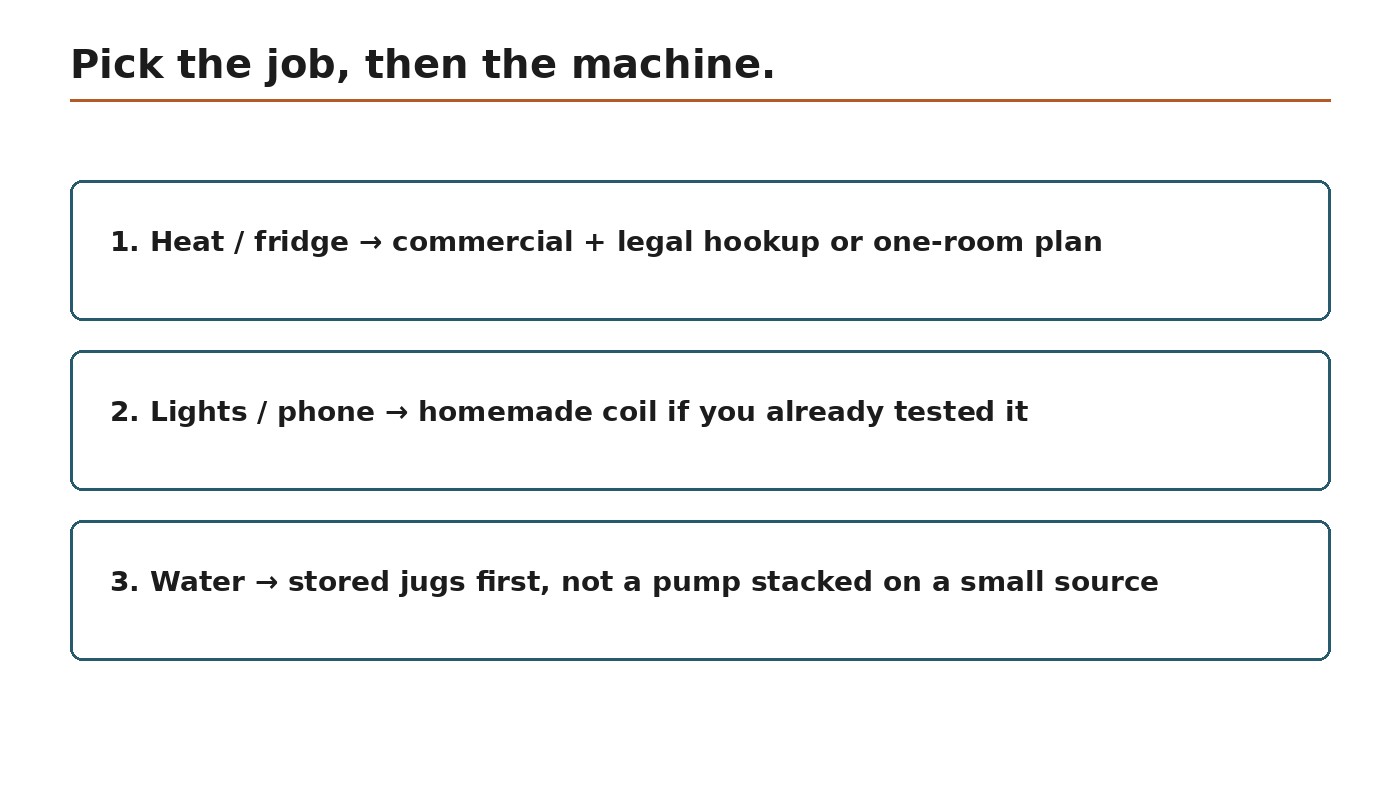 Outage order: legal commercial unit for fridge or furnace, homemade coil for lights, stored water first