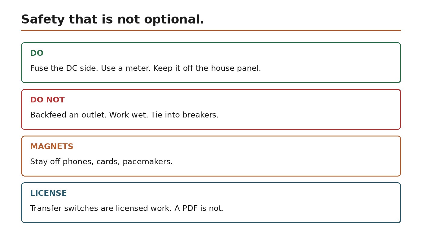 Do: fuse DC, use a meter, keep the unit off the house panel. Do not: backfeed an outlet or work wet