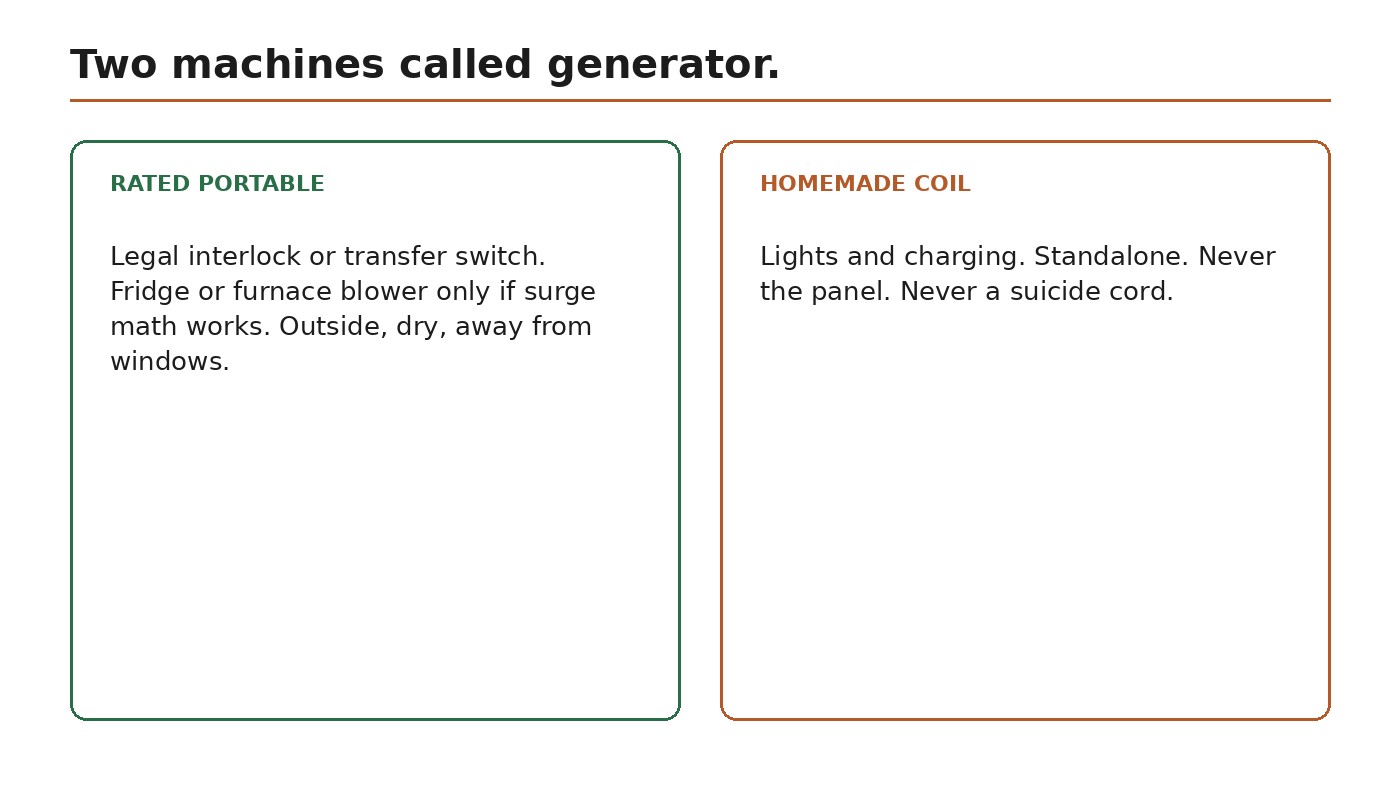 Split diagram: rated portable with legal interlock versus homemade coil for lights only